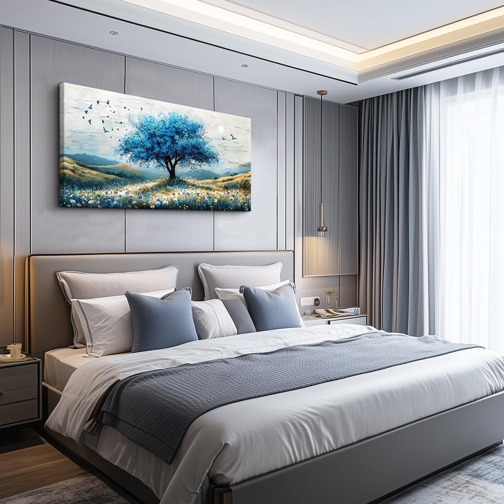 ZUITINGHUA Canvas Wall Art For Living Room Wall Decor For Bedroom Office Wall Decoration The Blue Tree Landscape Painting Farmhouse Pictures Artwork Room Aesthetic Home Decor 20x40 In