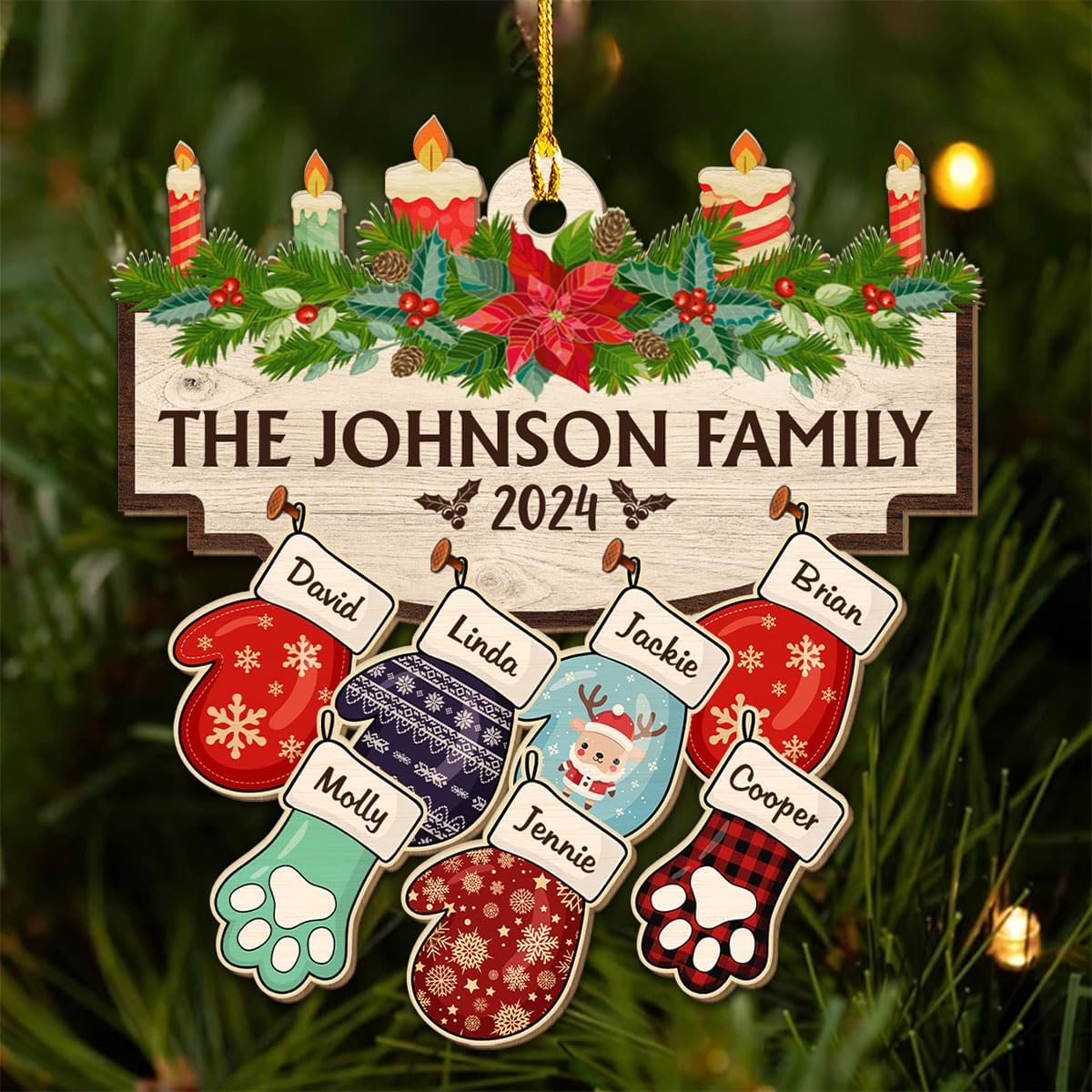 Family with Pet Ver 2 - Personalized Custom Wood Ornament, Family Gloves Christmas Ornament 2024, Xmas Ornament Gifts for Family Tree Decoration (A06, 8 Names)