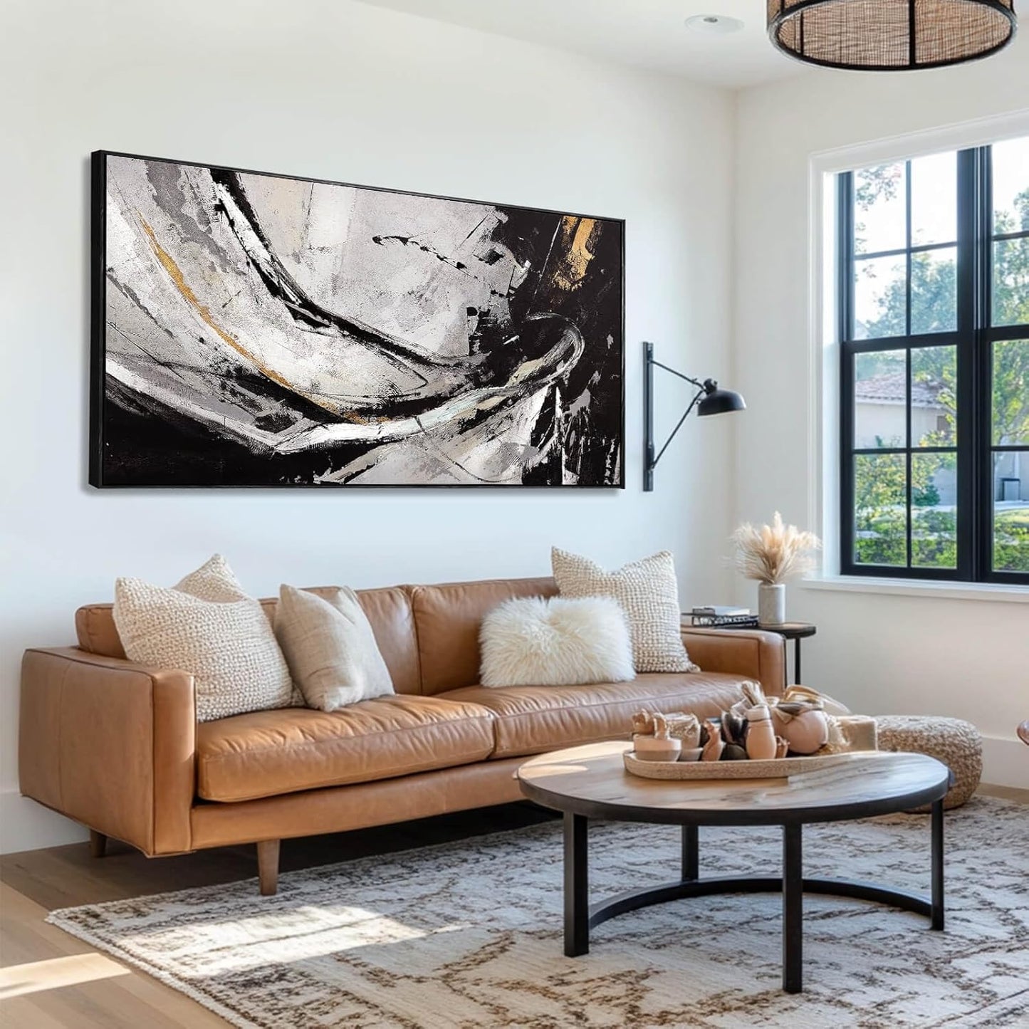 XIANSHOU Abstract Canvas Art Gold Line Painting Wall Art Black Poster Splash-ink Artwork 24"x 48" Gallery Wall Prints for Home Living Room Kitchen