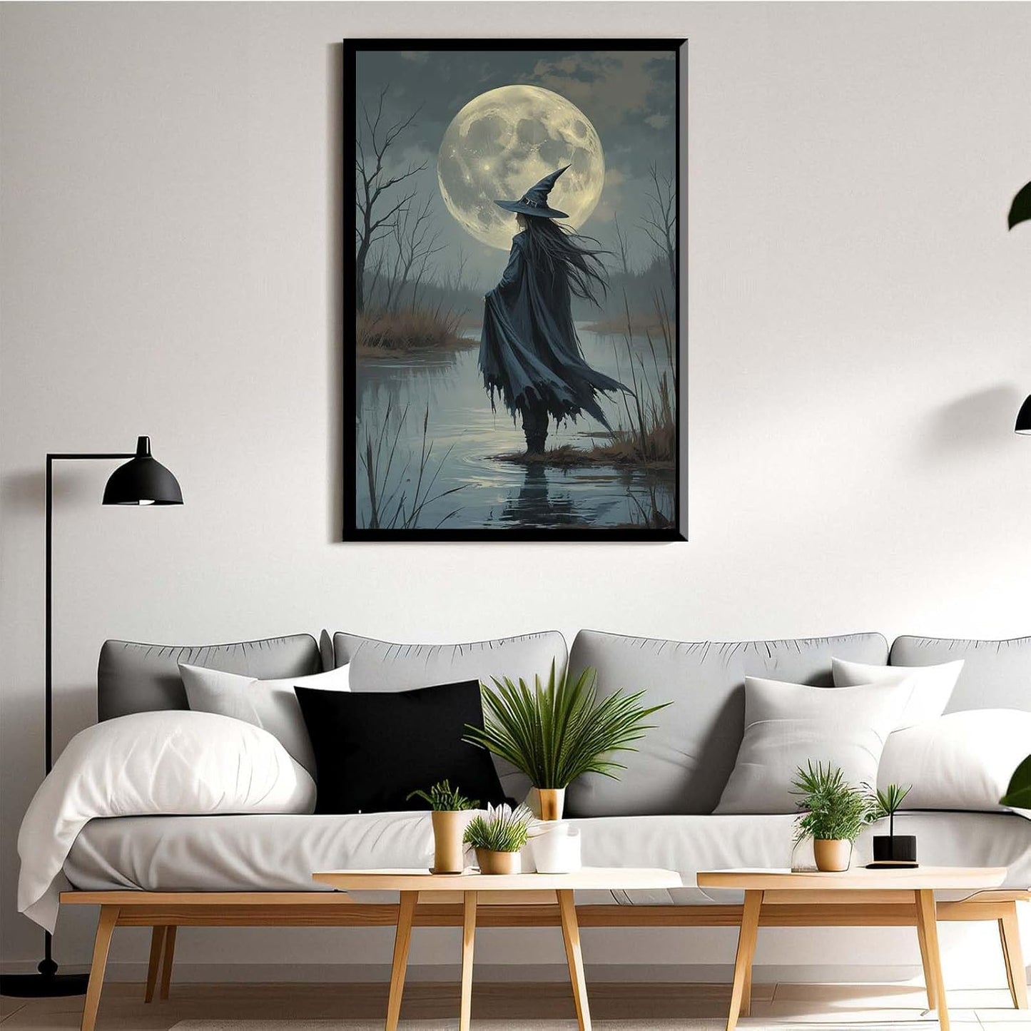 JFHCQJPK Witch in the moonlight magic canvas wall art enchanting Halloween home decor swamp witch silhouette oil painting mysterious gothic aesthetic wall decor print poster16x24in Metal blackFramed