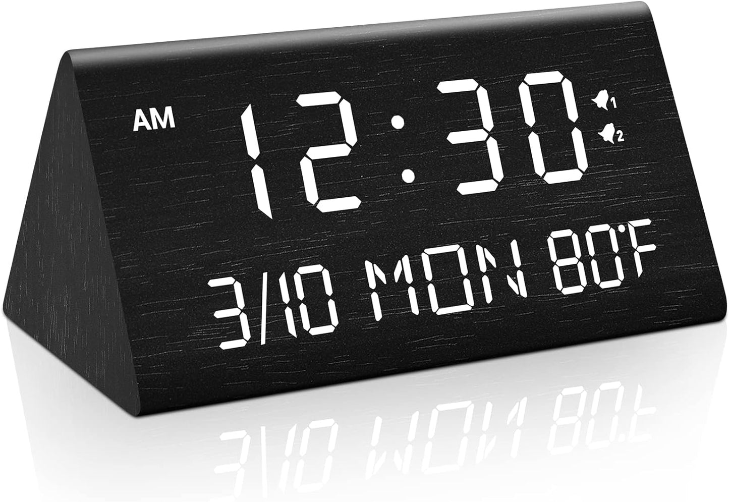 Kogonee Wooden Digital Alarm Clock, 0-100% Dimmer, 2 Alarm Settings, Weekday/Everyday Mode, 9 Mins Snooze, 12/24H, Temperature and Date Display for Office, Travel, Bedroom Alarm Clock (Black)