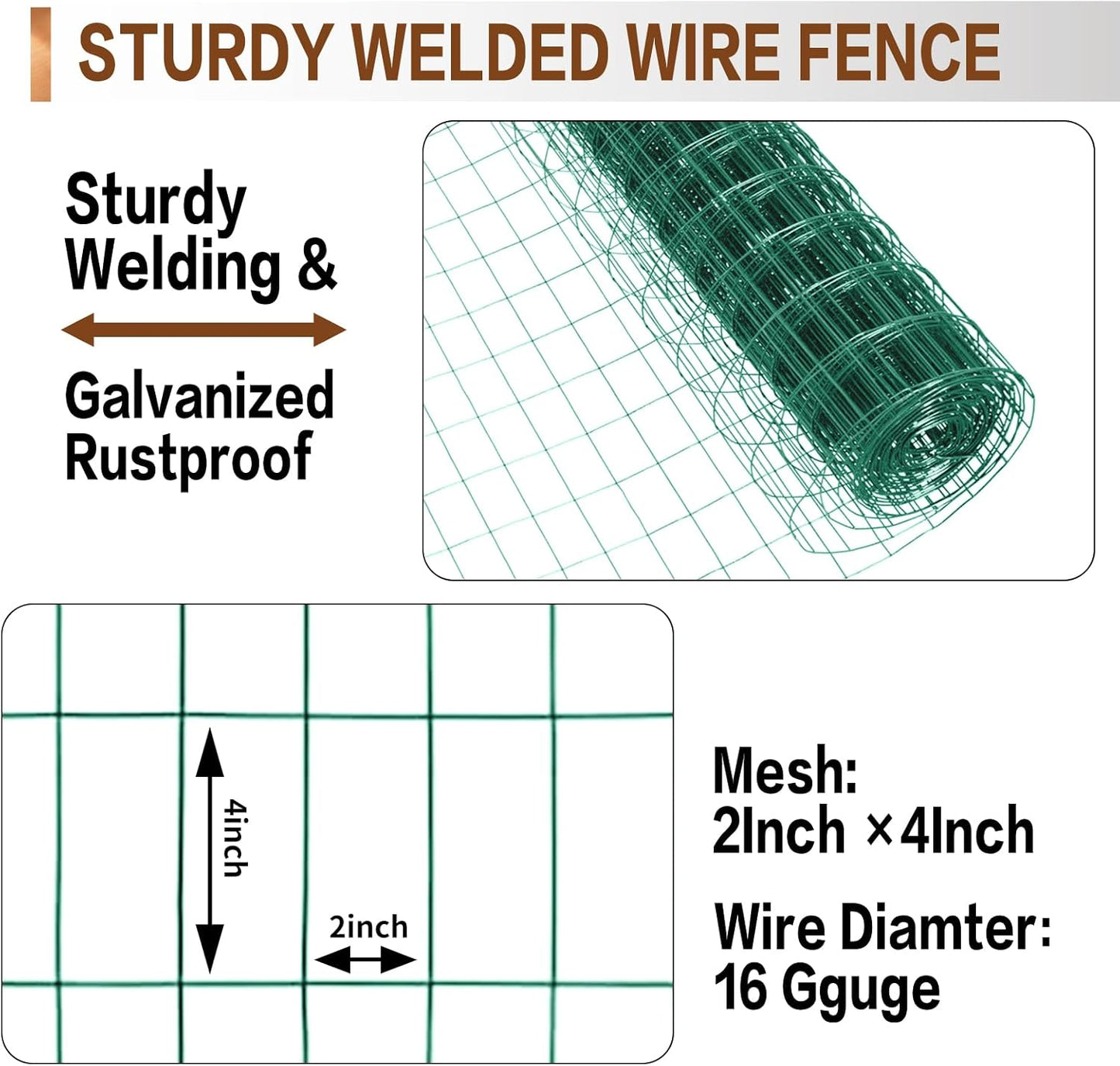Tongmo 3 ft x 100 ft Green PVC Coated Welded Wire Fence, 16GA Garden Chicken Wire Fence Roll, Mesh Size 2" x 4" Hardware Cloth, Ideal for Yard Protection and Poultry Netting
