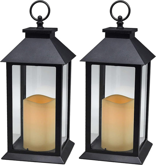 YAKii Hanging Glass Panes Lantern Portable Led Candle Light Operated by 3AAA Battery Use for Garden Yard, Indoor & Christmas Day Decoration etc (Black 2PCS)
