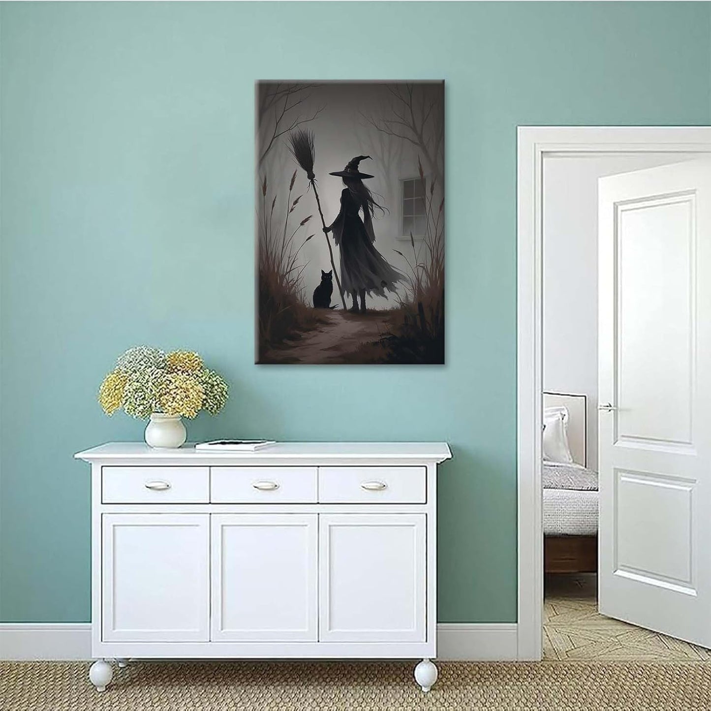 Vintage forest witch and black cat poster Halloween mural poster decoration mural art magic suitable for home living room bedroom12x16in Wood Framed