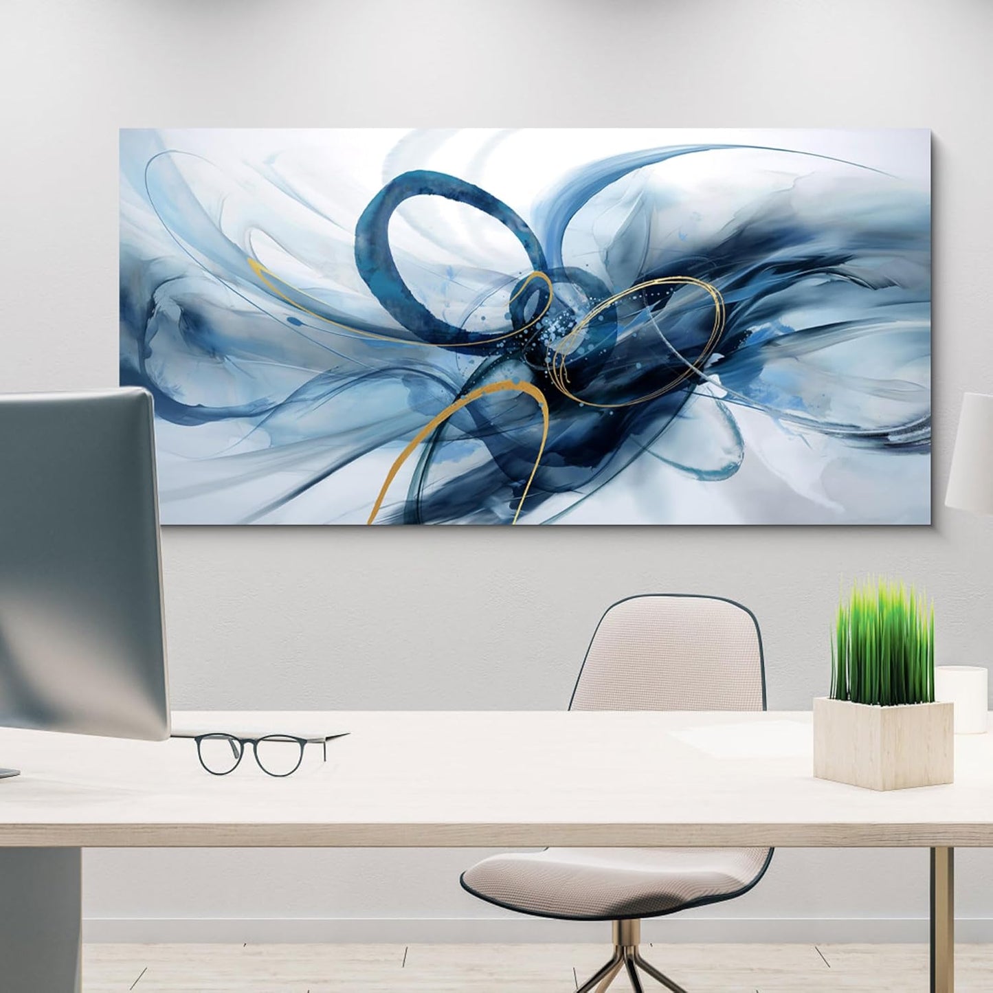 XLSJERST Abstract Wall Decor Living Room - Modern Canvas Wall Art Blue and White Picture Artwork for Office Bedroom Home Decoration