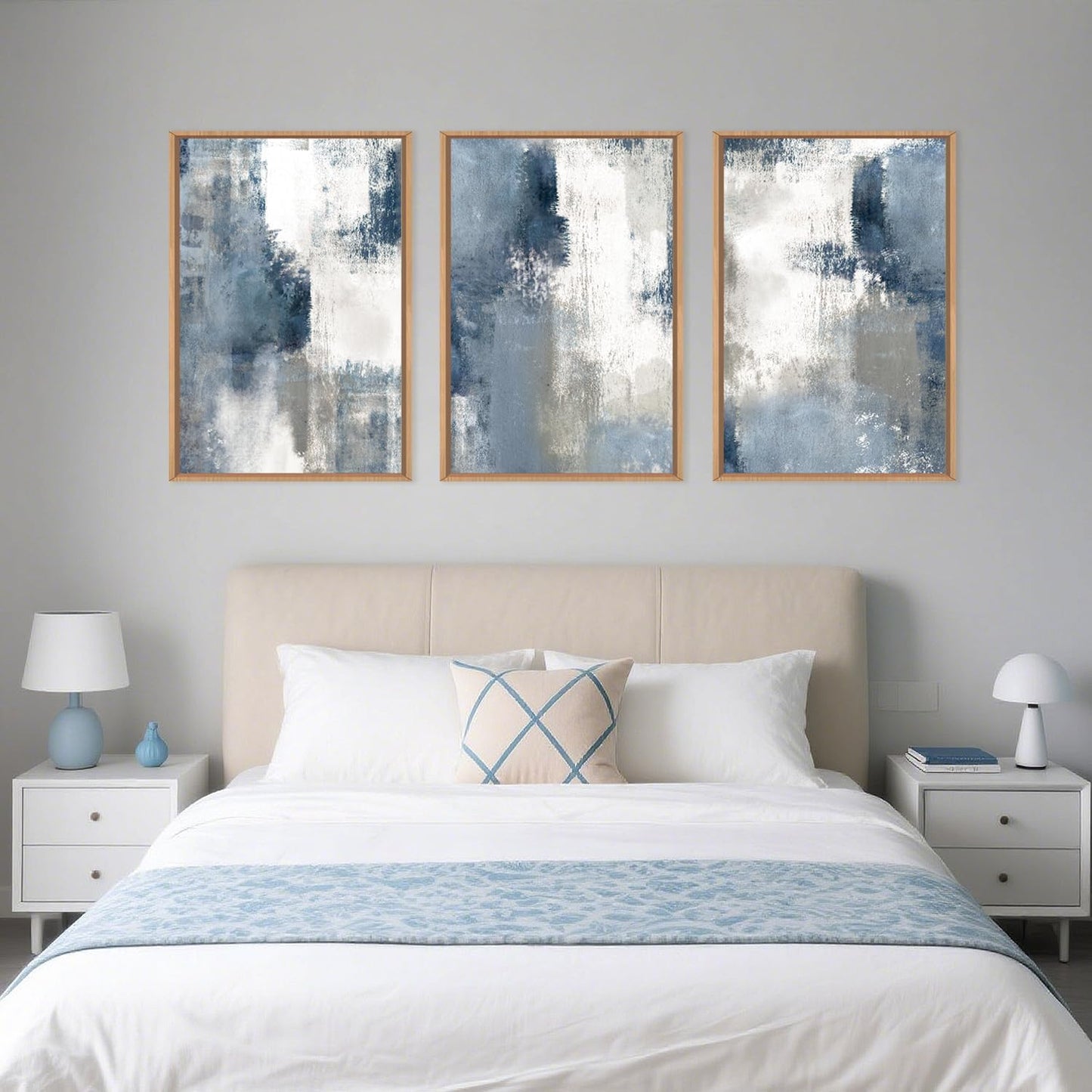 LHIUEM Large Abstract Brush Strokes Framed Canvas Wall Art Set,Navy Blue and Gray Wall Decor,Modern Color Block Shape Artwork,Minimalist Neutral Blue Printing for Living Room,Bedroom, Office-16''x24''x3