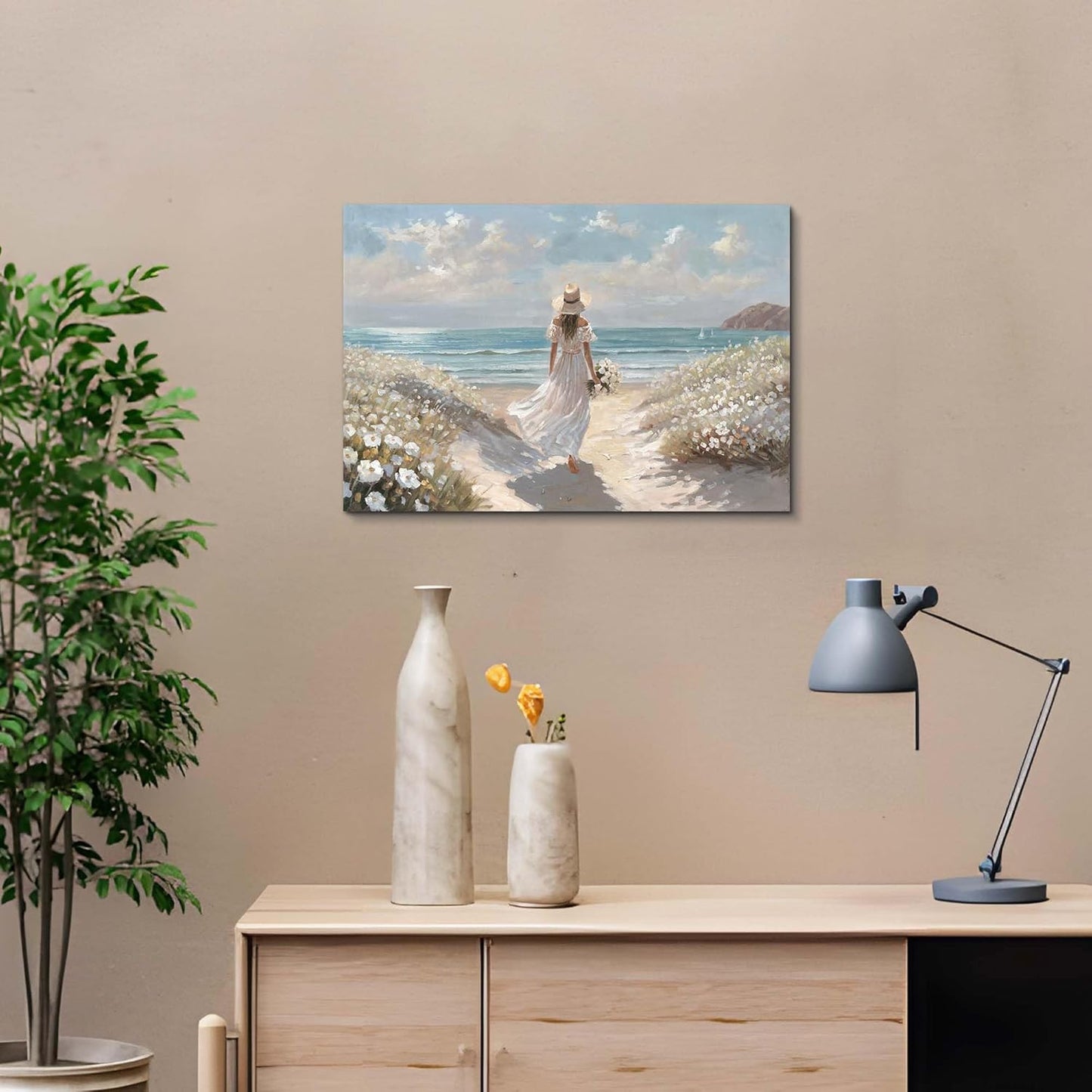 cozy country Beach Wall Art 16"x11" - Coastal Pictures Ocean Canvas Decor - Nautical Artwork Seascape Painting for Bathroom, Bedroom, Sea House