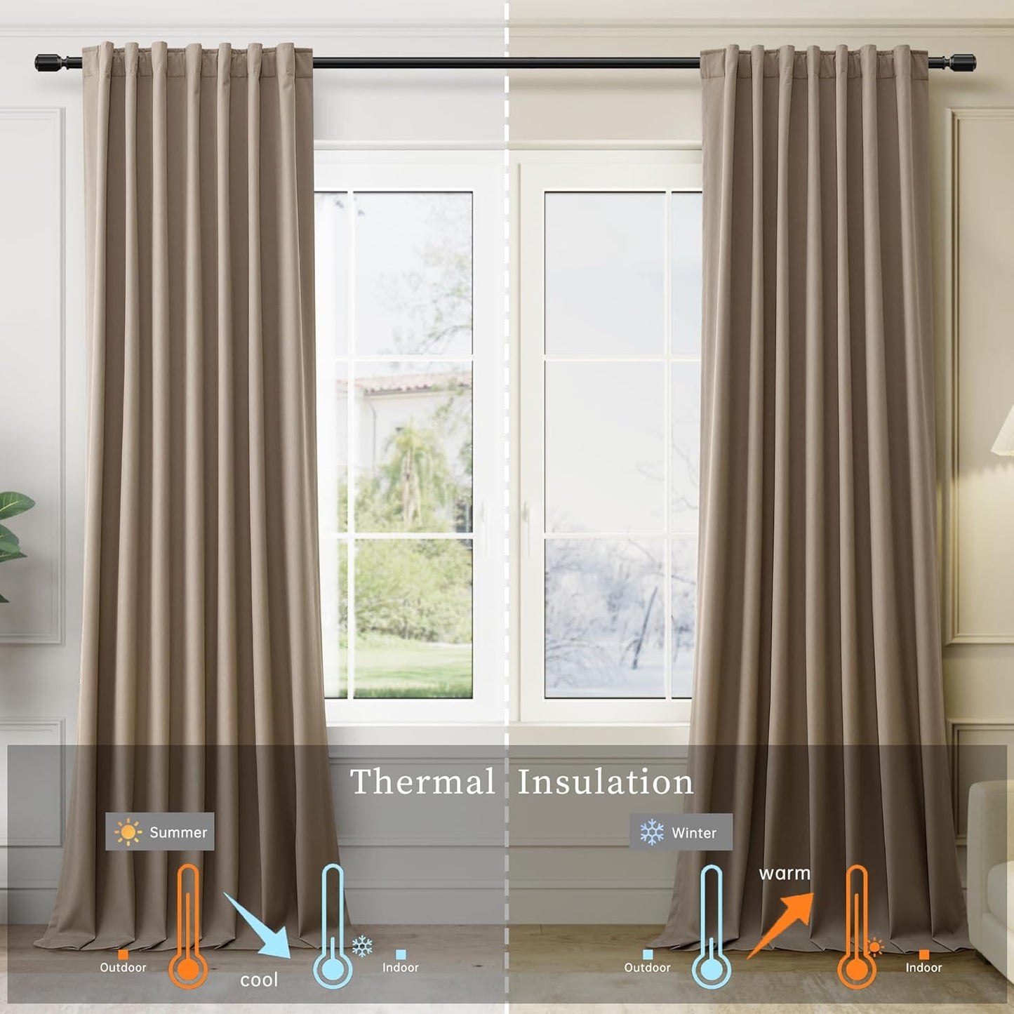 Light Brown Linen 100% Blackout Curtains for Bedroom 102 Inch Long 2 Panels Window Curtain Floor to Ceiling Length for Living Room Sliding Glass Door Back Tab Linen Room Darkening Drapes 52x102