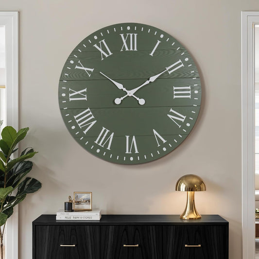 Large Wall Clock with Roman Numeral, 35” Shiplap Wall Clock Farmhouse Nearly Non-Ticking, Round Clock for Living Room Decor, Office, Bedroom, Entrance, Green