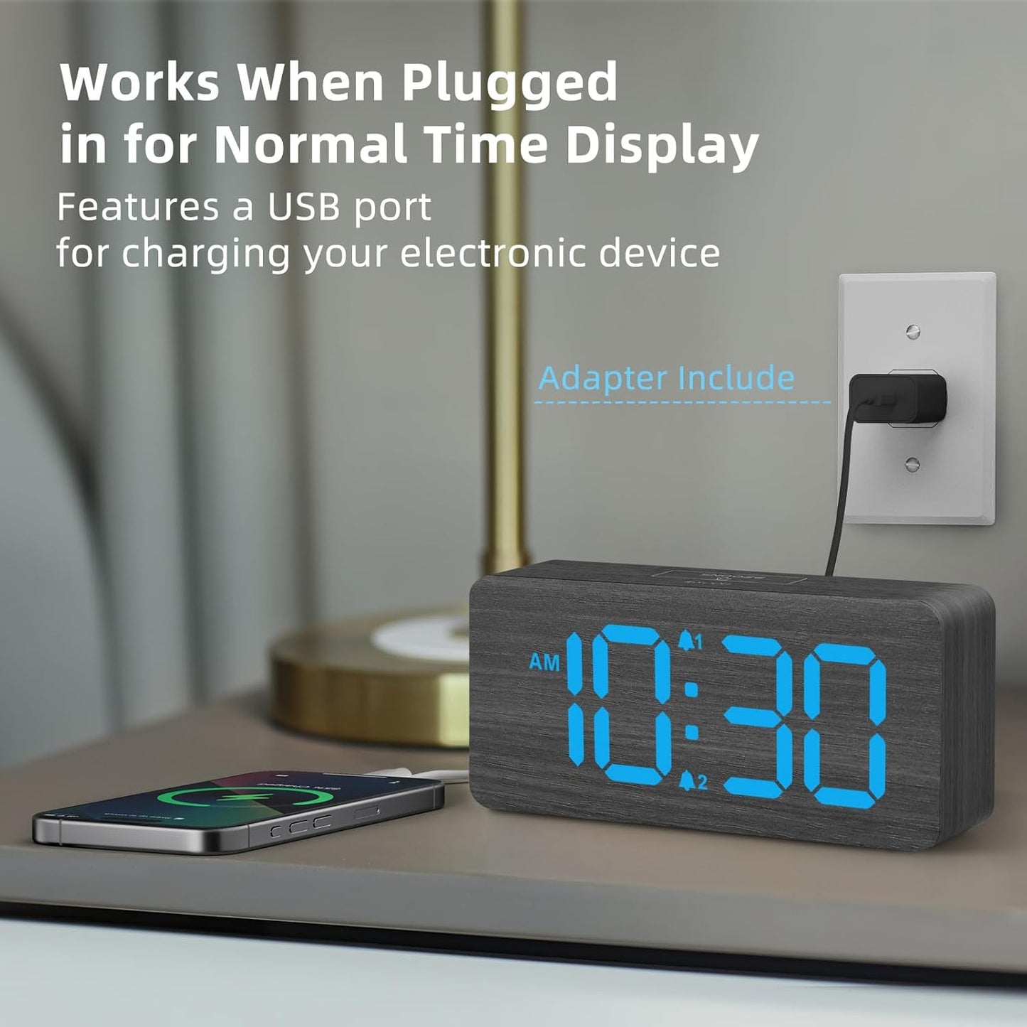 uscce Wooden Digital Alarm Clocks for Bedrooms: Dimmable Dual Alarm Clock with Large Numbers for Bedside Desk - Loud Alarm for Heavy Sleepers with Volume Control - Wood Decor & Gifts