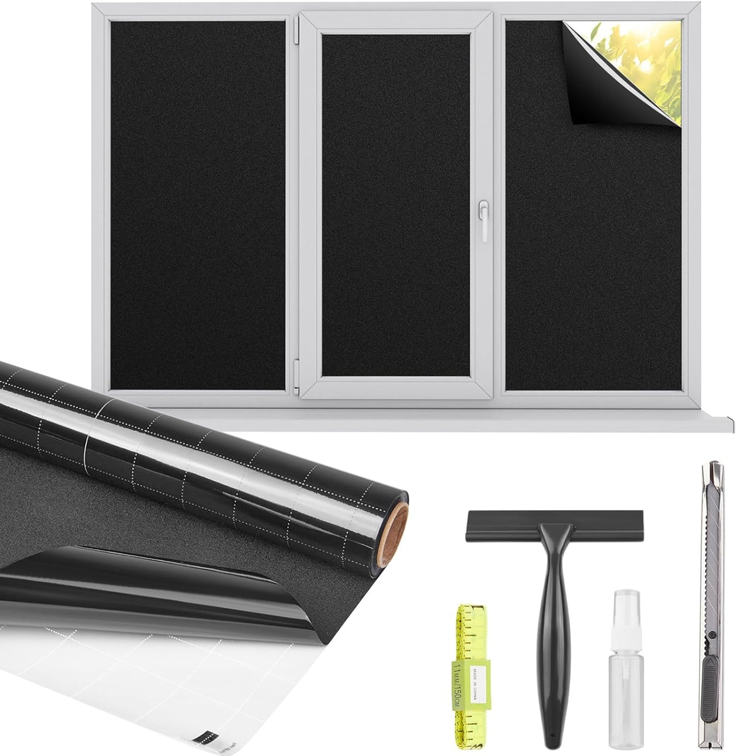 Kromapolis Blackout Window Privacy Film Total Light Blocking Room Darkening Window Covering, Removable Static Cling Frosted Glass Tint, Non-Adhesive, Black 29.5'' x 78.7''