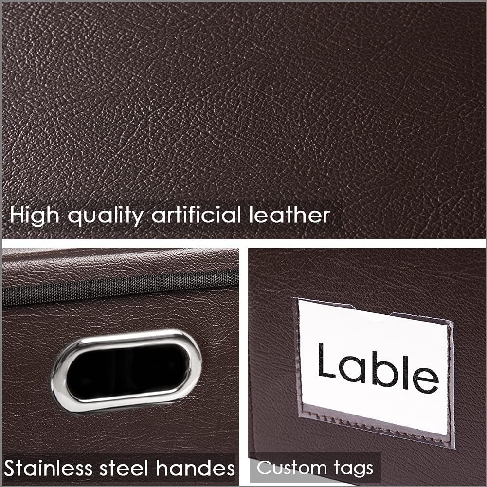 PRANDOM Large Foldable Storage Bins with Lids [3-Pack] Leather Fabric Collapsible Storage Boxes Organizer Containers Baskets Cube with Cover for Home Bedroom Closet Office Brown(17.7x11.8x11.8)