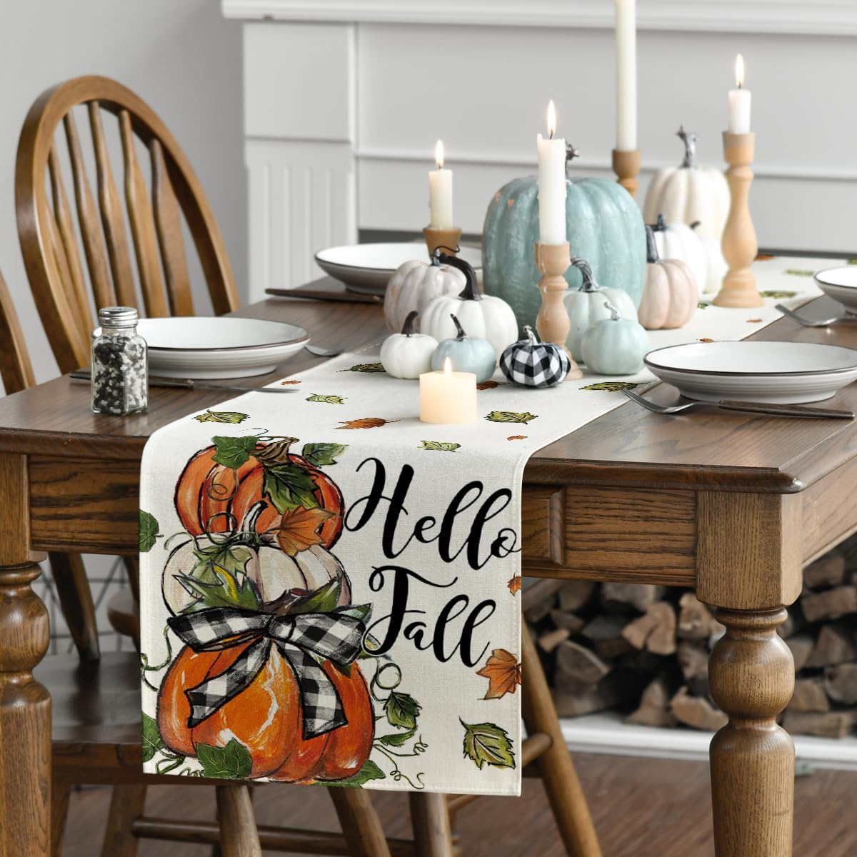 Artoid Mode Pumpkins Bowknot Maple Leaf 210 GSM Fall Table Runner, Seasonal Autumn Kitchen Dining Table Decoration for Home Party Decor 13x36 Inch