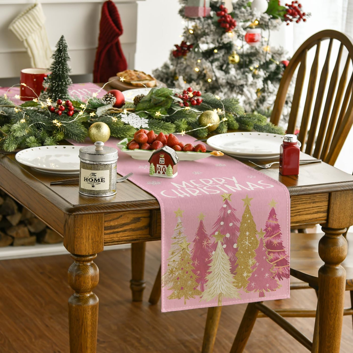 Artoid Mode Xmas Trees Snowflakes Pink Merry Christmas Table Runner, Winter Seasonal Kitchen Dining Table Decoration for Home Party Decor 13x108 Inch