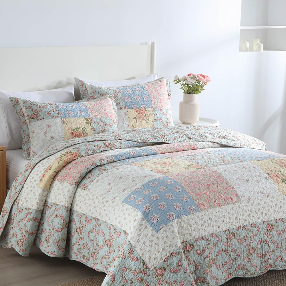 Cotton Bedspread Quilt Bedding Sets 3 Pieces Reversible Coverlet Sets Comforters Green Rose Floral Patchwork Bedspread, King Size