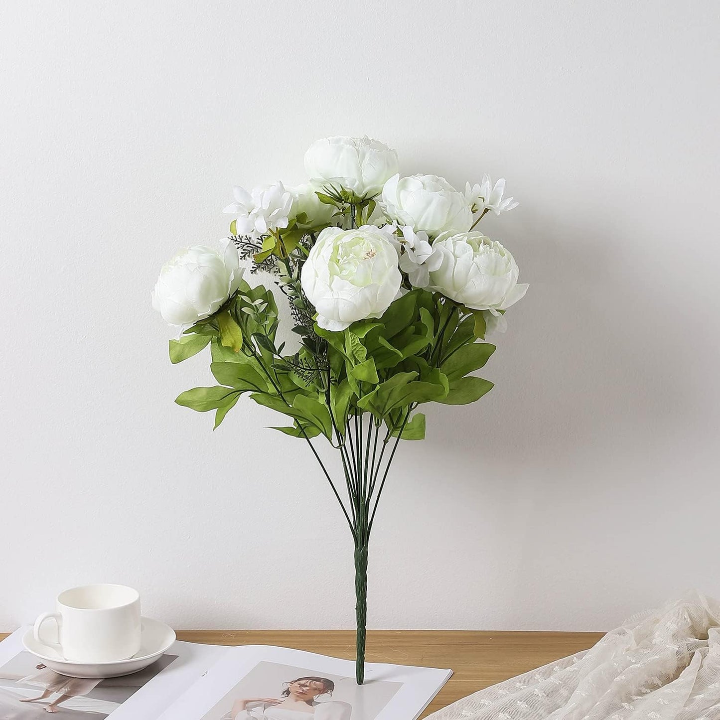 Duovlo Springs Flowers Artificial Silk Peony Bouquets Wedding Home Decoration,Pack of 1 (Spring White)