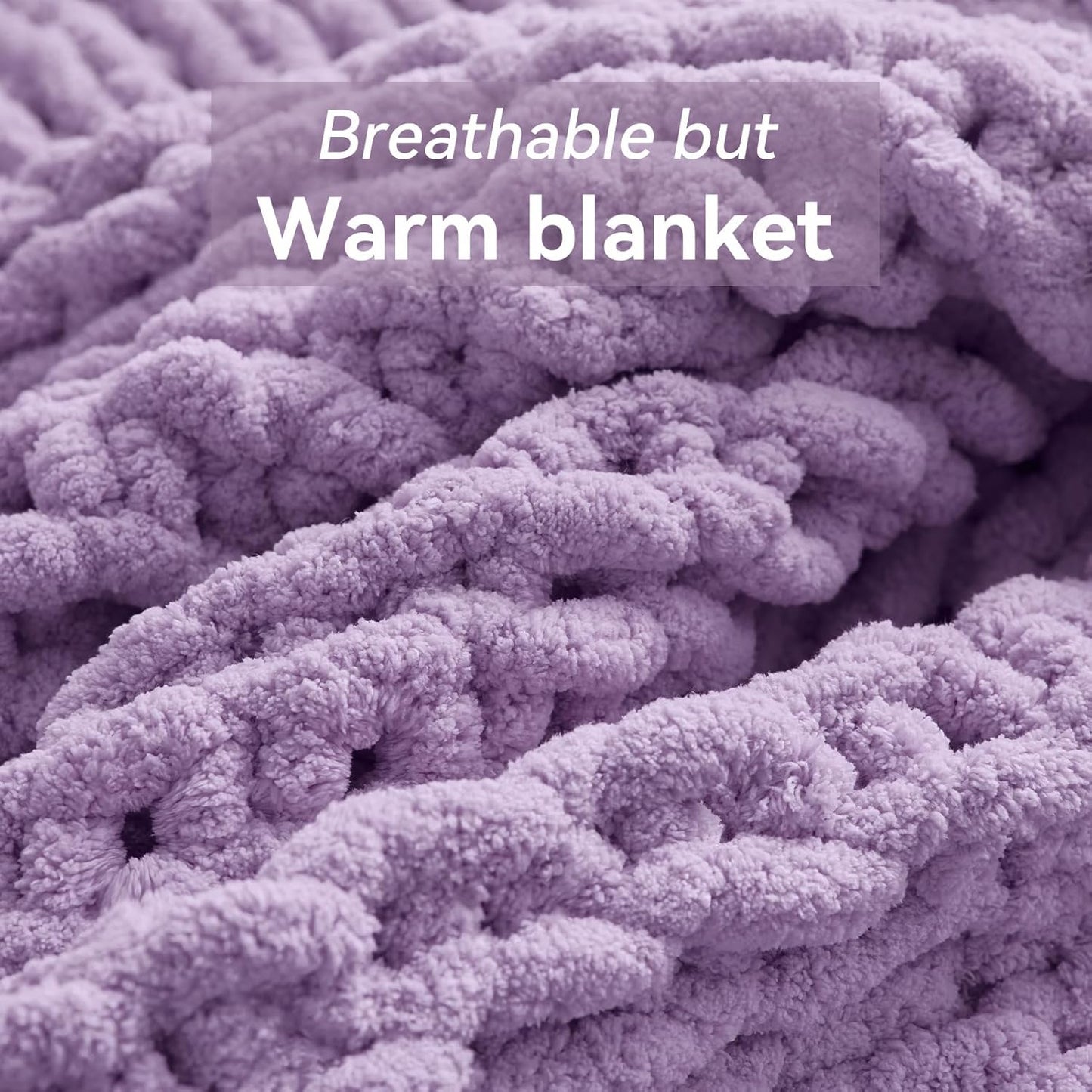 Chunky Knit Throw Blanket, 40''*50'' Knitted Throw Chenille Yarn for Bed Couch, Handmade Light Purple Crochet Big Thick Blanket, Machine Washable Cute Comfy Blanket for Home Decor