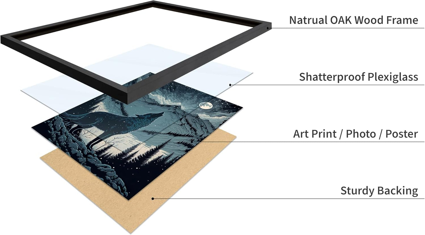 Poster Master Vintage Illustration Poster - Retro Animal Print - Gift for Artist, Friend - Wolf Howling at the Moon, Mountain, Snow, Landscape - Wall Decor for Home, Office, 11x14 Black Framed