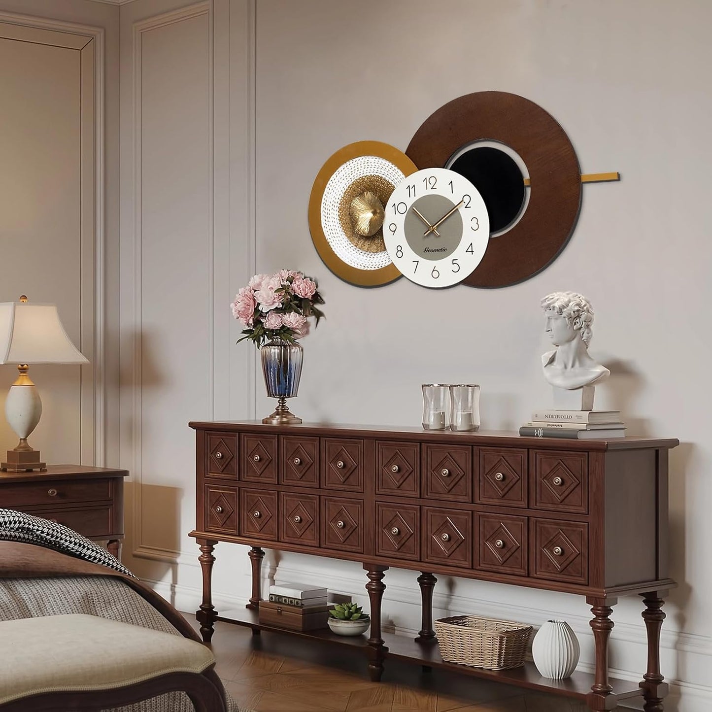 Large Mid Century Wall Clock for Living Room Modern Big Wall Clocks Wood with Metal Battery Operated Wall Clocks Light Luxury Time Clocks Suitable for Home,Bed Room,Kitchen,Office 27X16inch