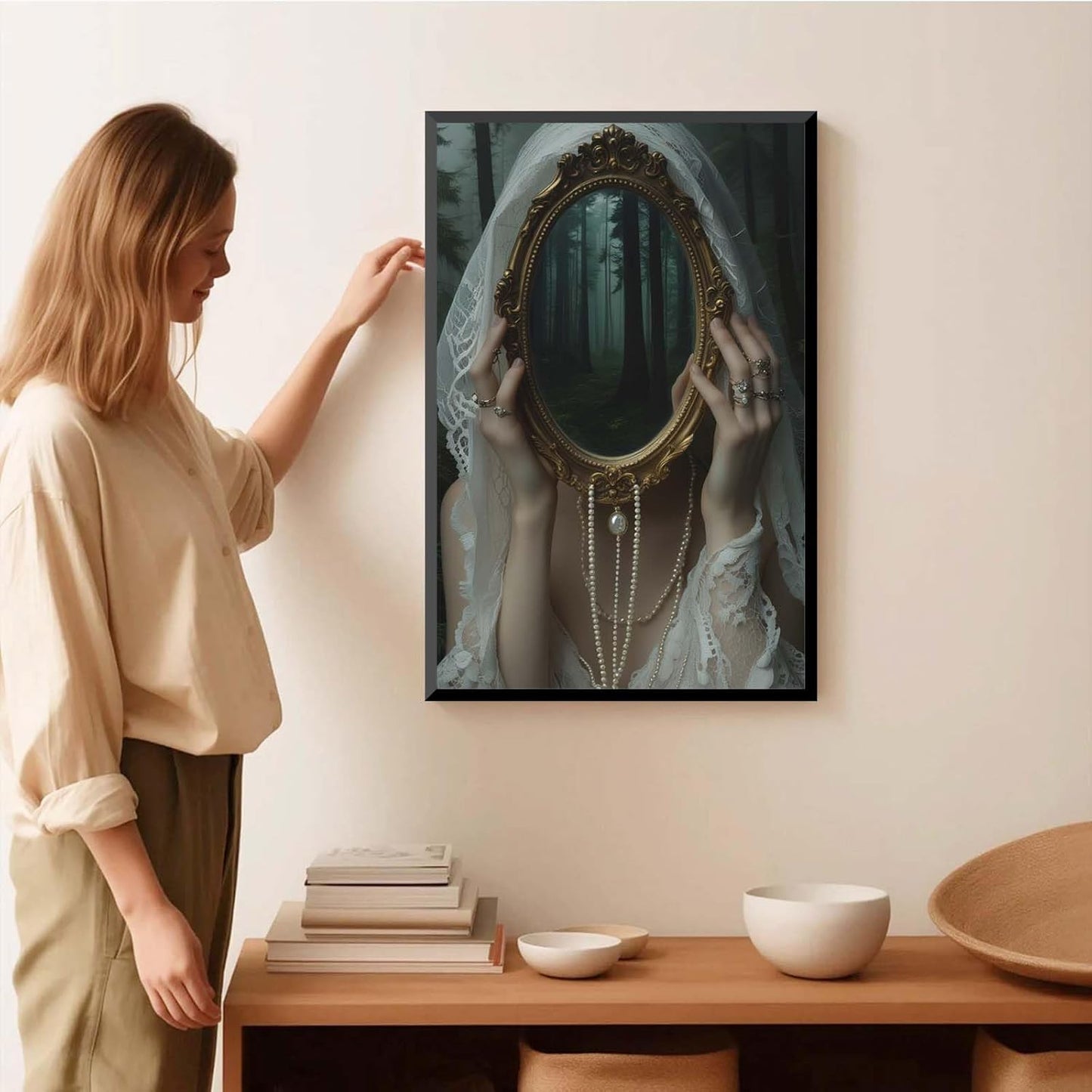 Mirror face covering dark art poster print melancholy gothic painting vintage feminine print victorian style decoration antique art24x36in Metal blackFramed
