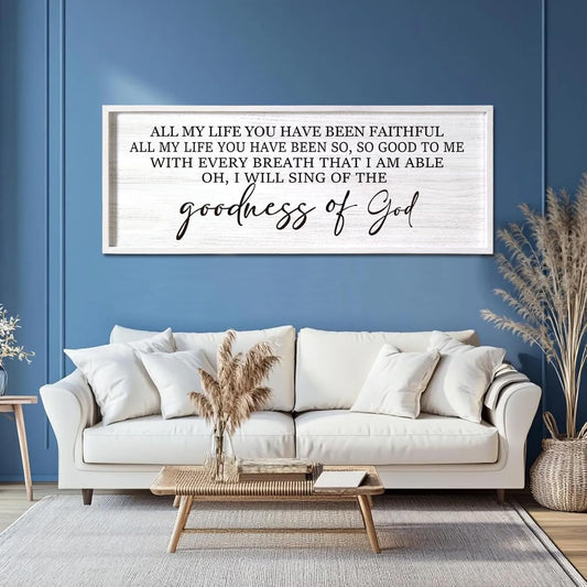 Goodness of God Framed Wall Art, 40''×15'' Positive Religious White Bible Verse for Christian God Jesus Christ Prayer, Vintage Rustic Long Holy Catholic Scripture Decor