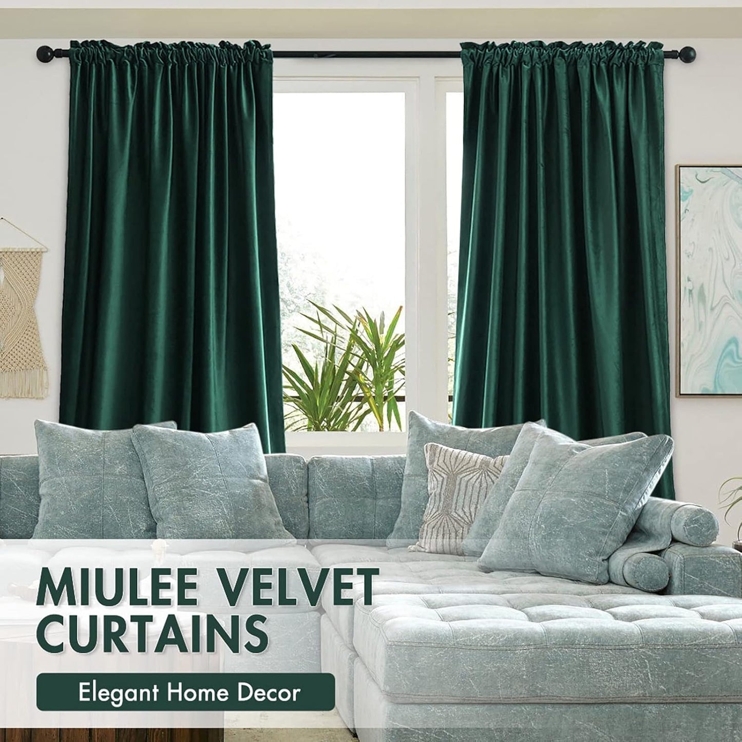 MIULEE Dark Green Velvet Curtains Thermal Insulated Blackout Curtain Christmas Emerald Green Drapes for Bedroom Living Room Darkening 96 Inches Long Curtains Panels Rod Pocket Set of 2