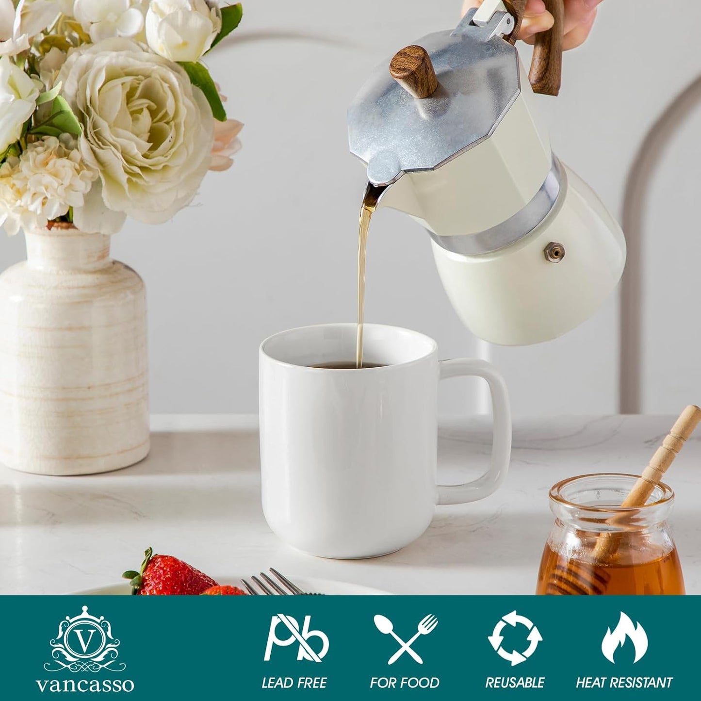 vancasso Porcelain Coffee Mugs Set, 12 oz Ceramic Coffee Cups for Latte Hot Tea Cappuccino Cocoa Milk Cups Set of 6, Dishwasher & Microwave Safe, White