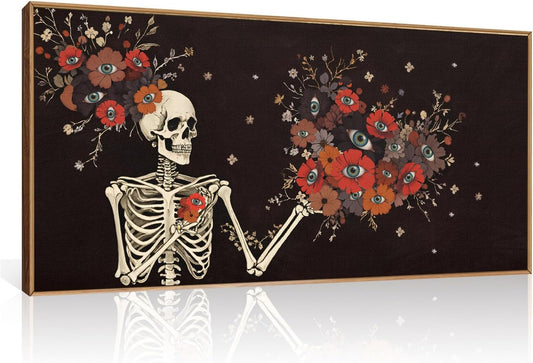 KAIRNE Halloween Skeleton Wall Art,Gothic Skull Canvas Set of 1(40”x20”),Romantic Spooky Floral Botanical Print,Scary Skull Painting,Horror Halloween Wall Art for Living Room Bedroom Goth Party Decor