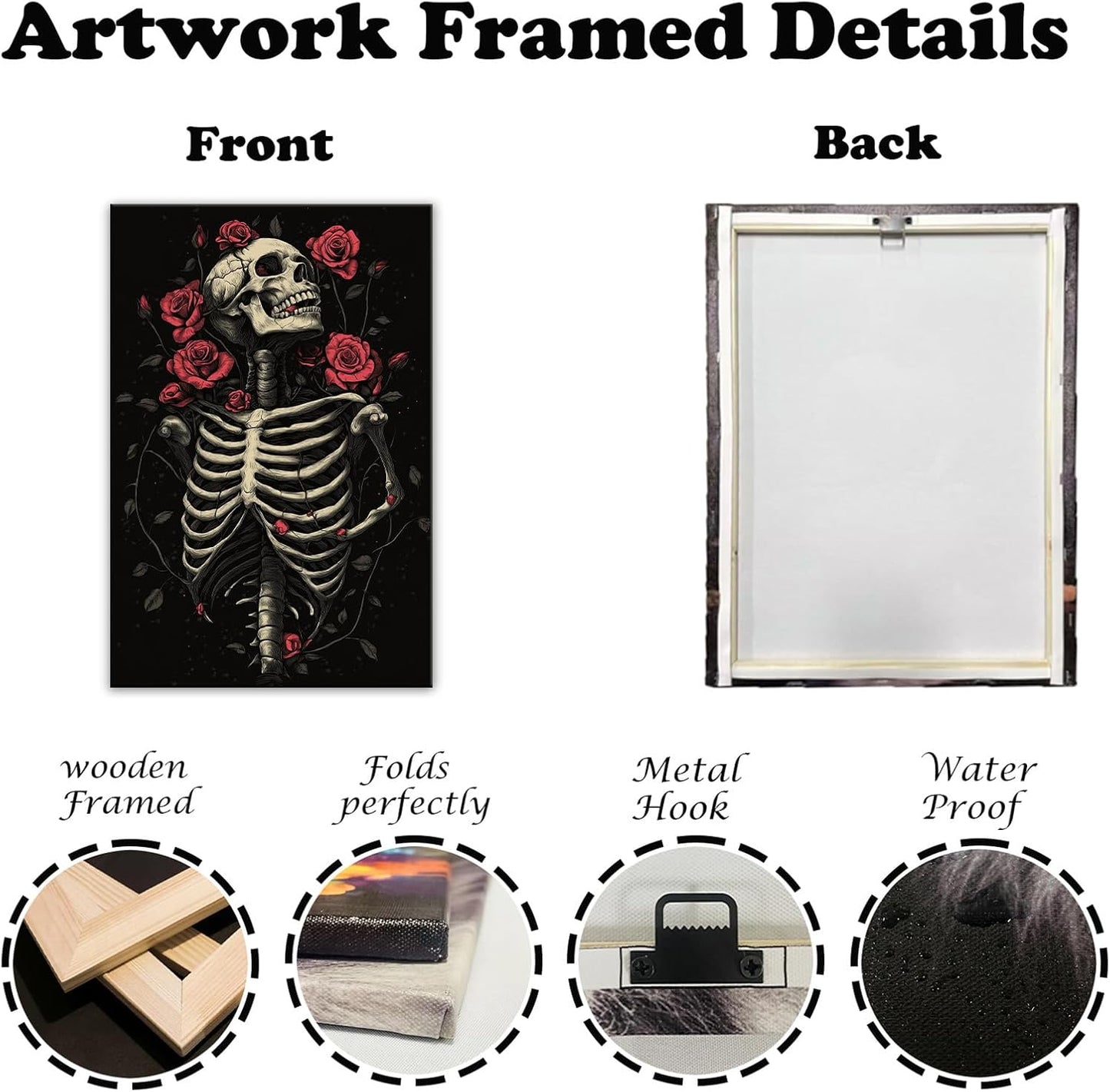 OAAPITI Gothic Skull Wall Art Skeleton and Roses Canvas Pictures Print Vibrant Dark Art Decor for Bedroom Living Room Bathroom(Artwork-6,12"x18")