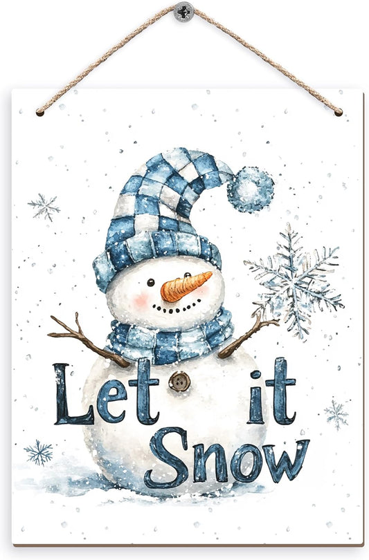 Winter Snowman Hanging Wooden Signs 12x6, Let It Snow Signs, Winter Wall Decor, Winter Door Decor, Blue Snowman Winter Snowflakes Home Room Office Hanging Wall Decor