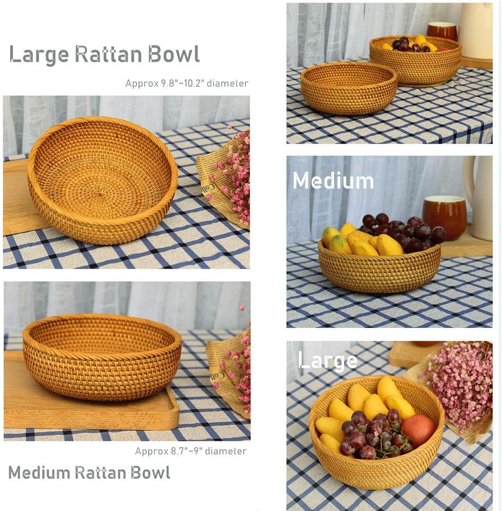 Hadewoven Round Rattan Fruit Basket Wicker Food Tray Weaving Storage Holder Dinning Room Bowl, 9 Inch Woven Bread Basket Key Bowls with 3.5”Wall for Table, Countertop (Medium 8.66")