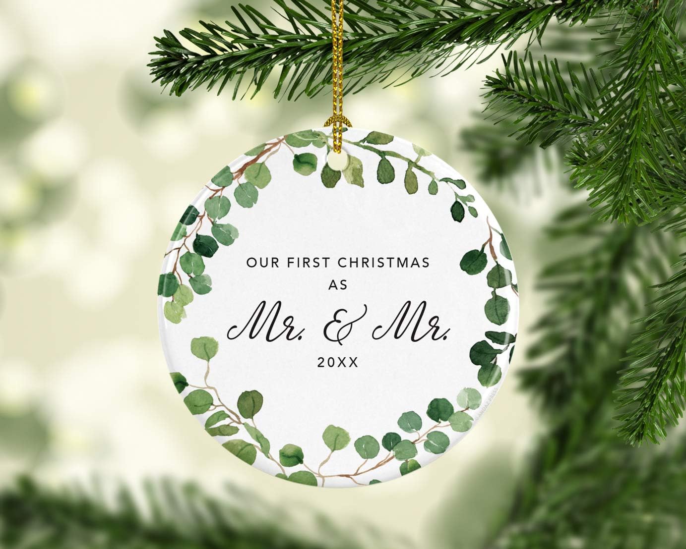 Andaz Press Custom Year Round Ceramic Porcelain Christmas Tree Ornament Keepsake Collectible Gift, Our First Christmas as Mr. & Mr. 2025, Farmhouse Eucalyptus Wreath, 1-PackGay Couple