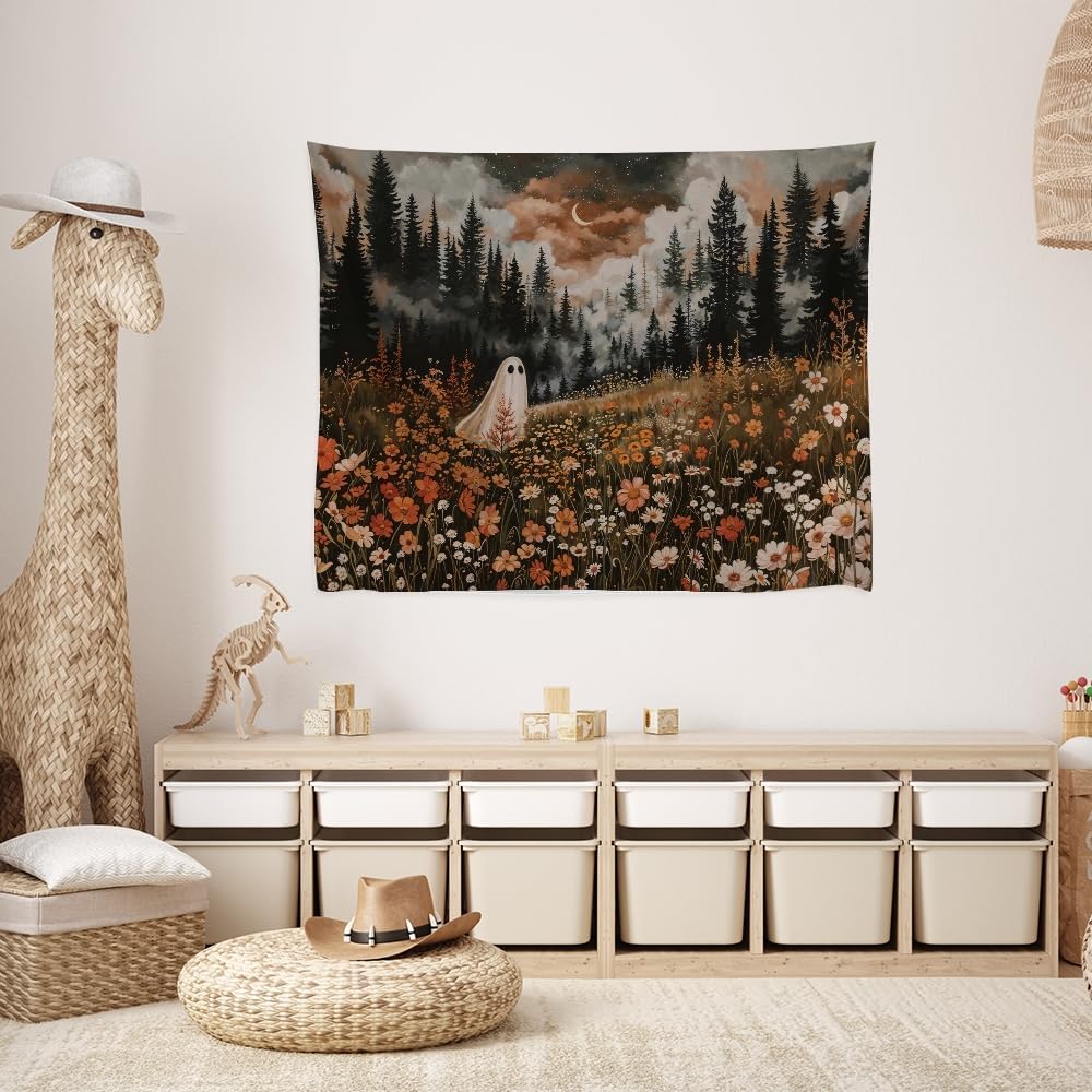 Spooky Fall Forest Art Halloween Tapestry Wall Hanging Cute and Funny Forest Flower Ghost Tapestry for Bedroom Whimsical Dark Academia Aesthetic Tapestries for Home Living Room Decor 40x60inch