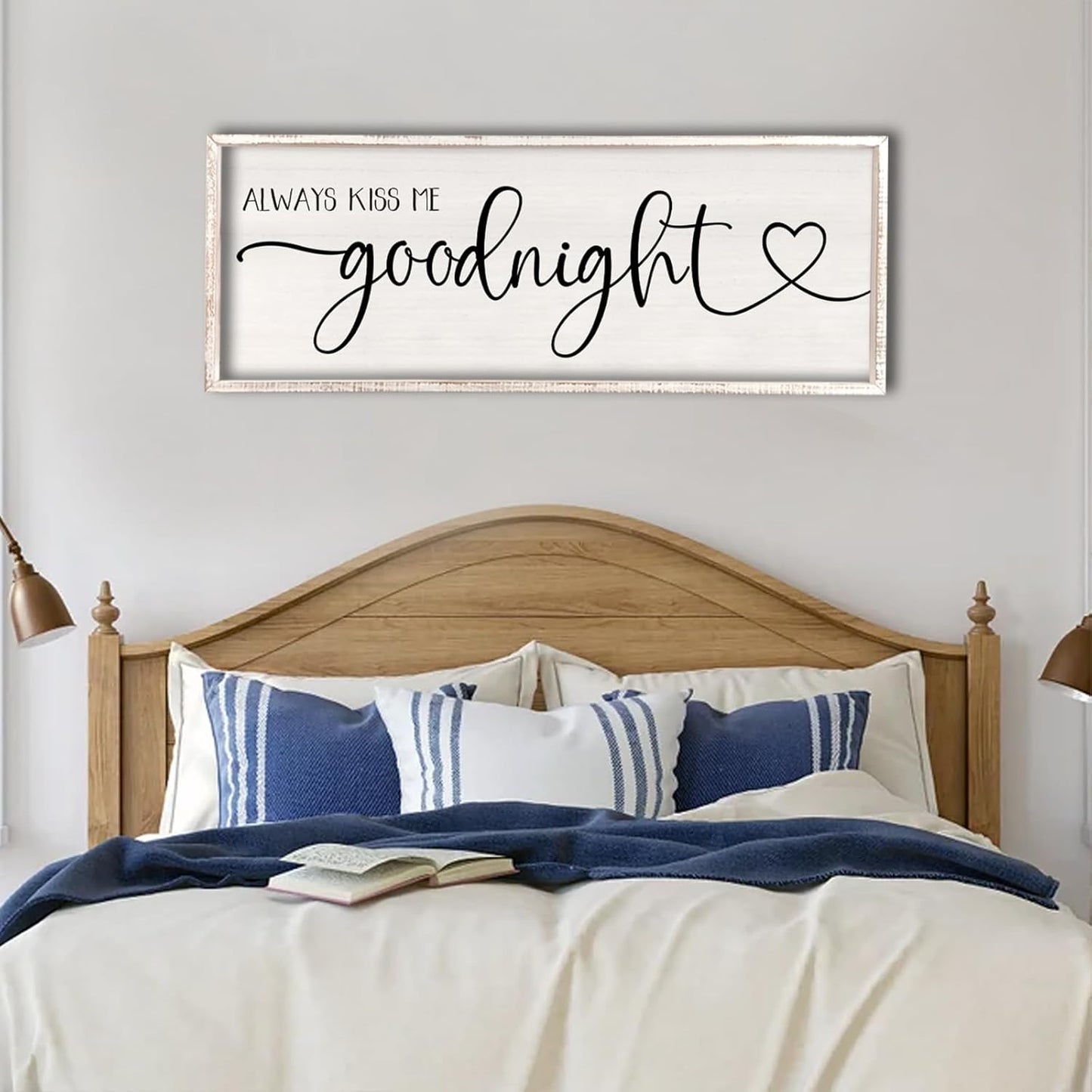 flowtorely Always Kiss Me Goodnight Wall Sign For Master Bedroom Above Bed Wall Decor 32''×12'' Large Rustic Solid Wood Frame For Farmhouse Couples Above bed Wall Art Decoration (White)