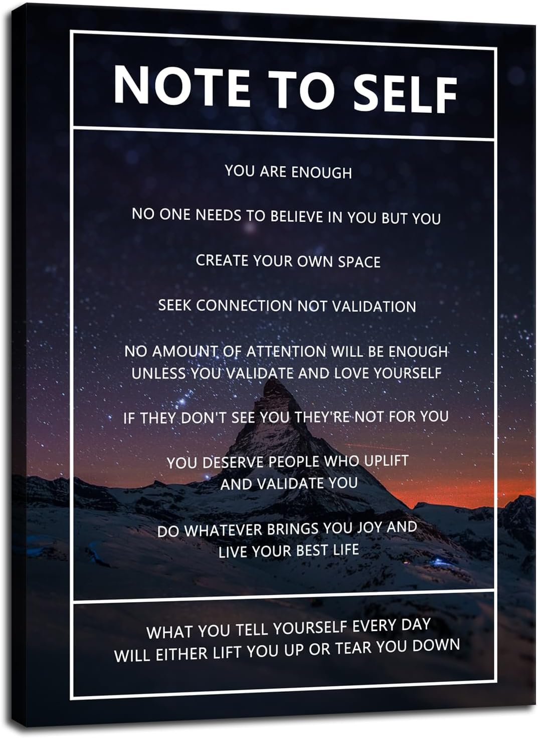 Motivational Canvas Wall Art for Office Note to Self Inspirational Snow Mountain Starry Sky Poster Inspiring Canvas Painting Prints Wall Pictures for Home Decor Framed Artwork [30''W x 40''H]