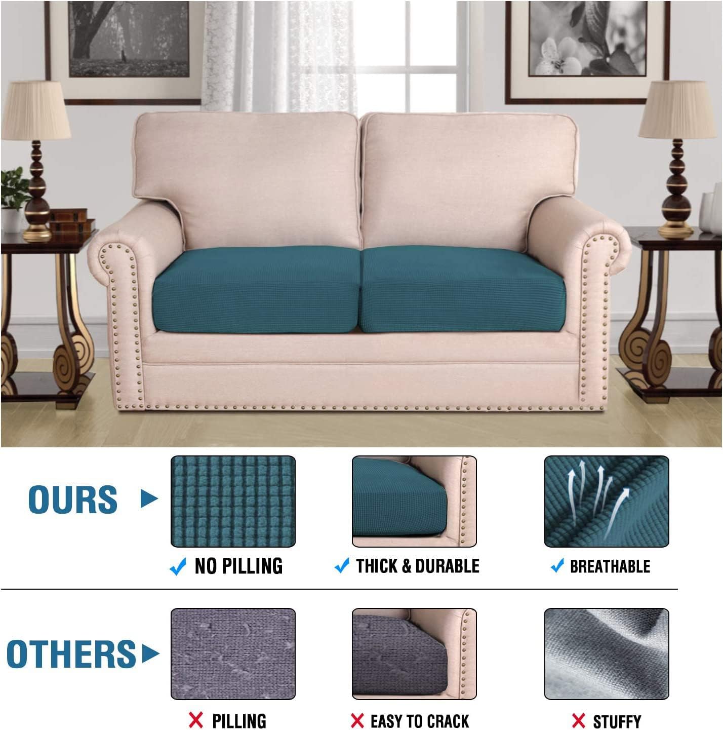 H.VERSAILTEX Super Stretch Individual Seat Cushion Covers Sofa Covers Couch Cushion Covers Slipcover Sets Thick Jacquard Textured Twill Fabric (2 Piece Medium Sofa Cushion Covers, Deep Teal)