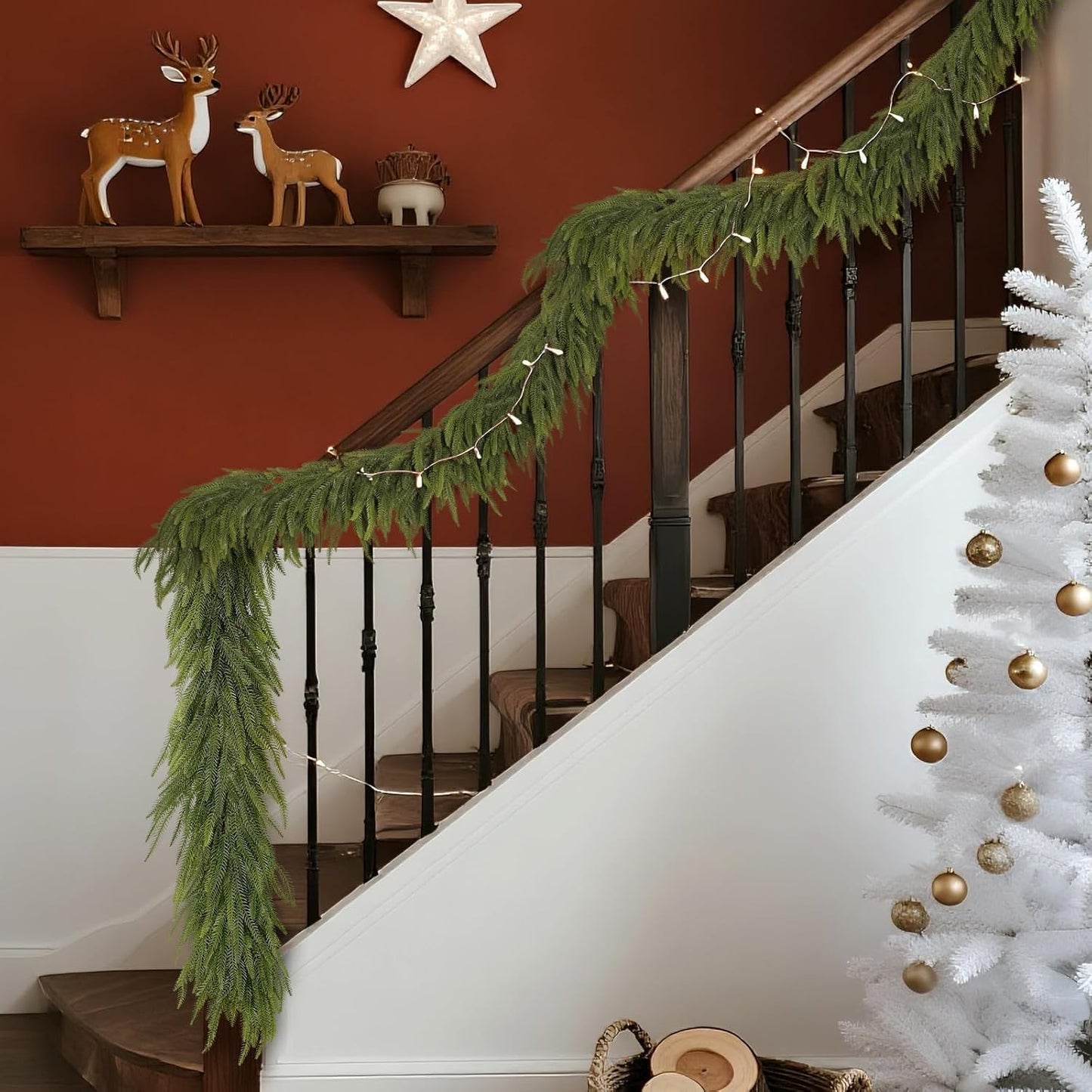 6FT Christmas Norfolk Pine Garland -2PCS, Artificial Pine Needles Garlands Faux Greenery Fake Garland for Holiday Fireplace,Table,Window,Stairs,Mante,Indoor Outdoor Decor