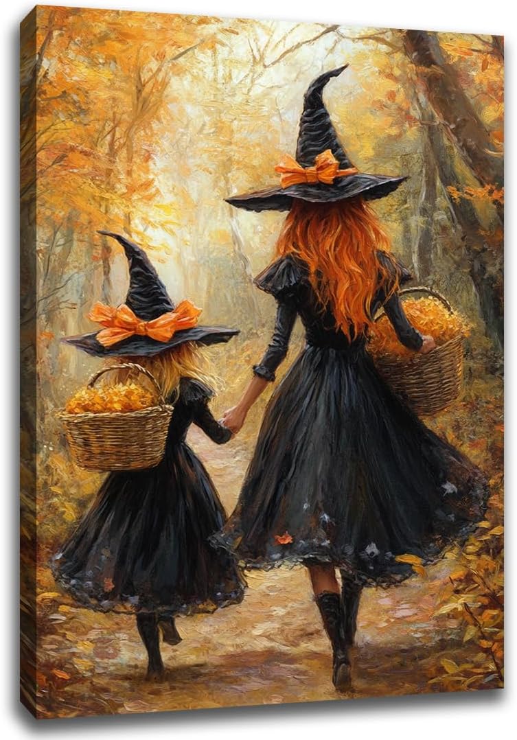 Mother Witch And Child Daughter Witch Wall Art,Halloween Autumn Woodland Forest Path Picture,Family Room Nursery Playroom Kids Room Decor,12"x18" Framed