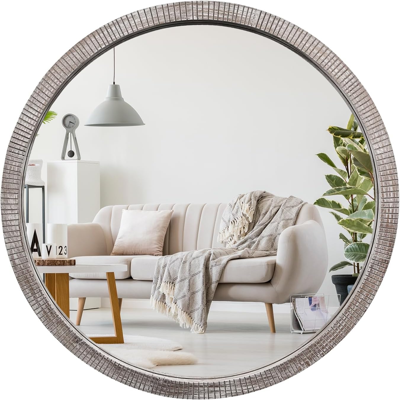 30" Round Wood Mirror, Large Round Mirror with Beveled, Wood Round Mirrors for Wall Decor, Rustic Circle Wall Mirrors for Entryway, Living Room, White Washed Frame