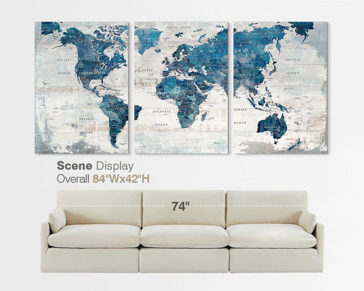 Large Wall Art Canvas Wall Decor Living Room Vintage Giant Blue Map Pictures Office Decorations Rustic Decor Travel Paintings Oversized