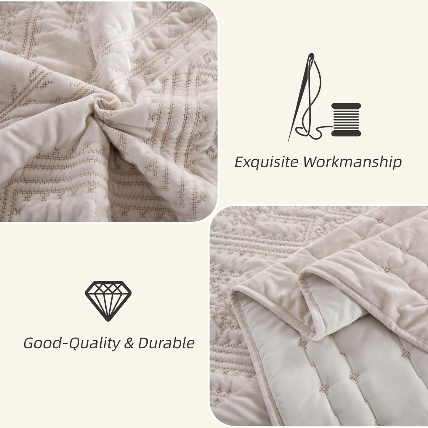 Yvooxny 3-Piece Quilt Set Queen Size Velvet Embroidery Quilted Bedspread Coverlet Set Bedding Set with Pillowcases for All Seasons, White, 98 * 90 Inches