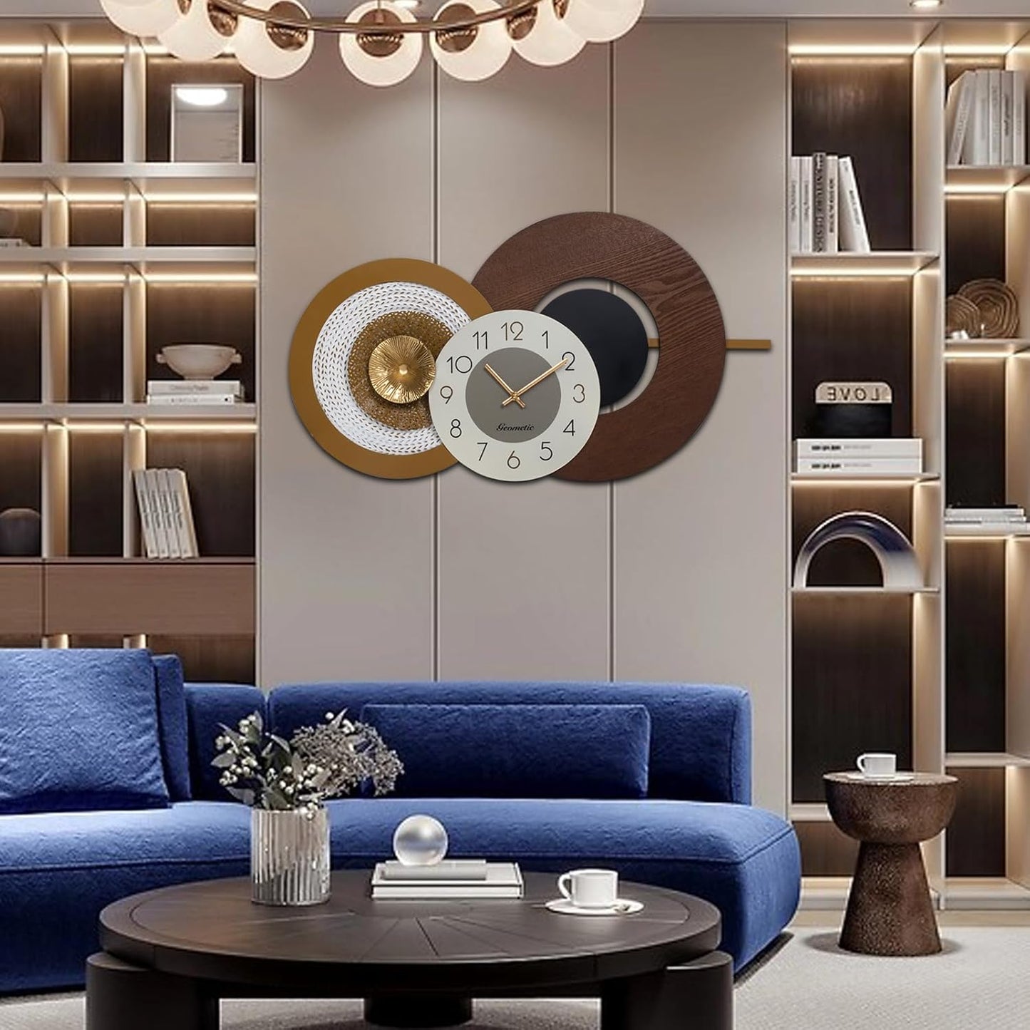 Large Mid Century Wall Clock for Living Room Modern Big Wall Clocks Wood with Metal Battery Operated Wall Clocks Light Luxury Time Clocks Suitable for Home,Bed Room,Kitchen,Office 27X16inch