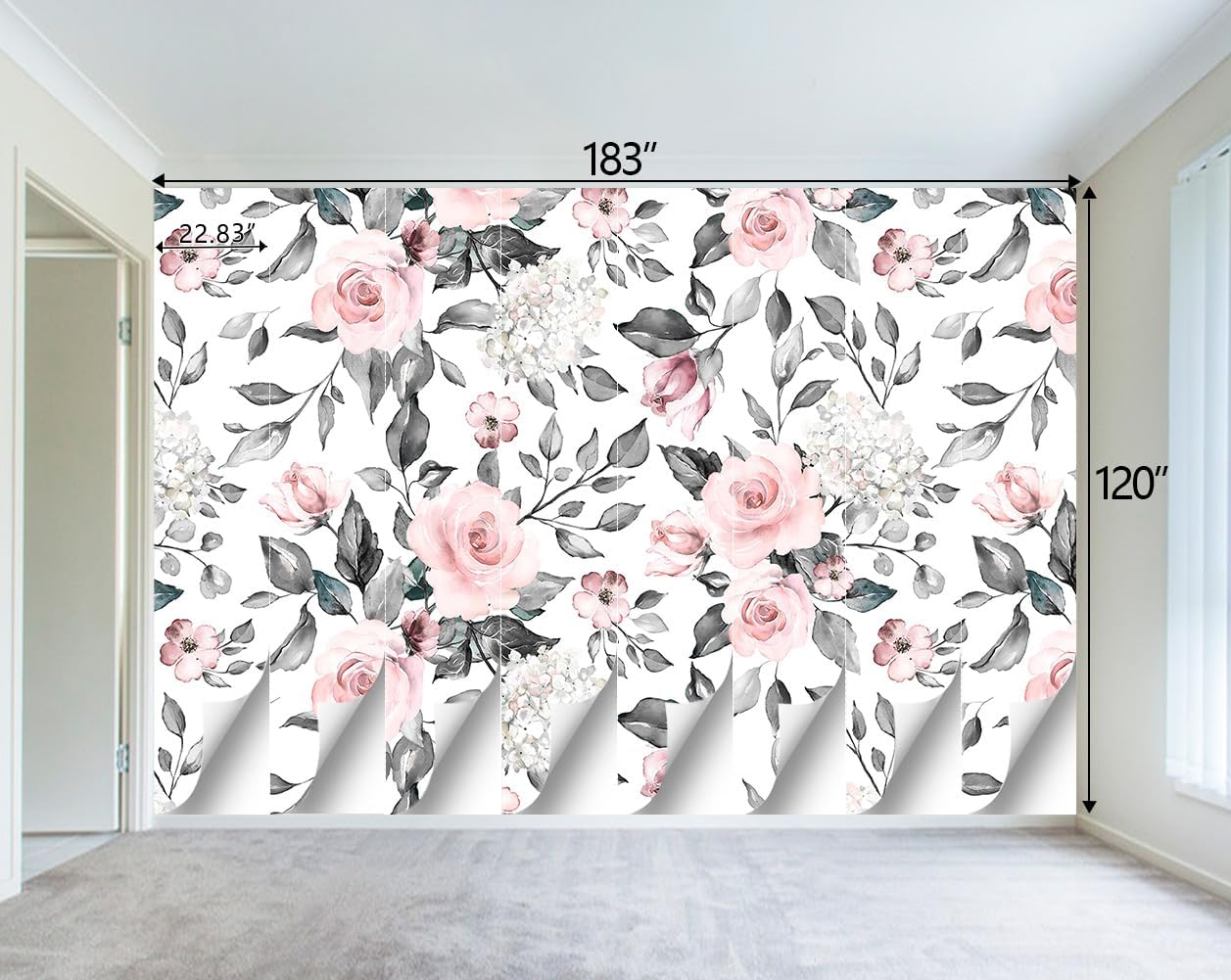 Grey Leaf Pink Flowers Mural Bedroom Floral Wallpaper Room Decor Living Room tv Background Large Wall Mural - 183"x120" (Not Peel and Stick)