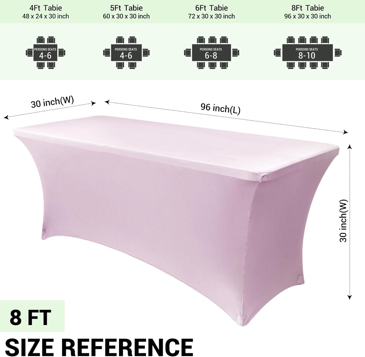 Obstal 8Ft Stretch Spandex Table Cover for Standard Folding Tables - 2 Pack Universal Rectangular Fitted Tablecloth for Party, Banquet, Events, Trade Show (Light Pink, 96L x 30W x 30H Inches)
