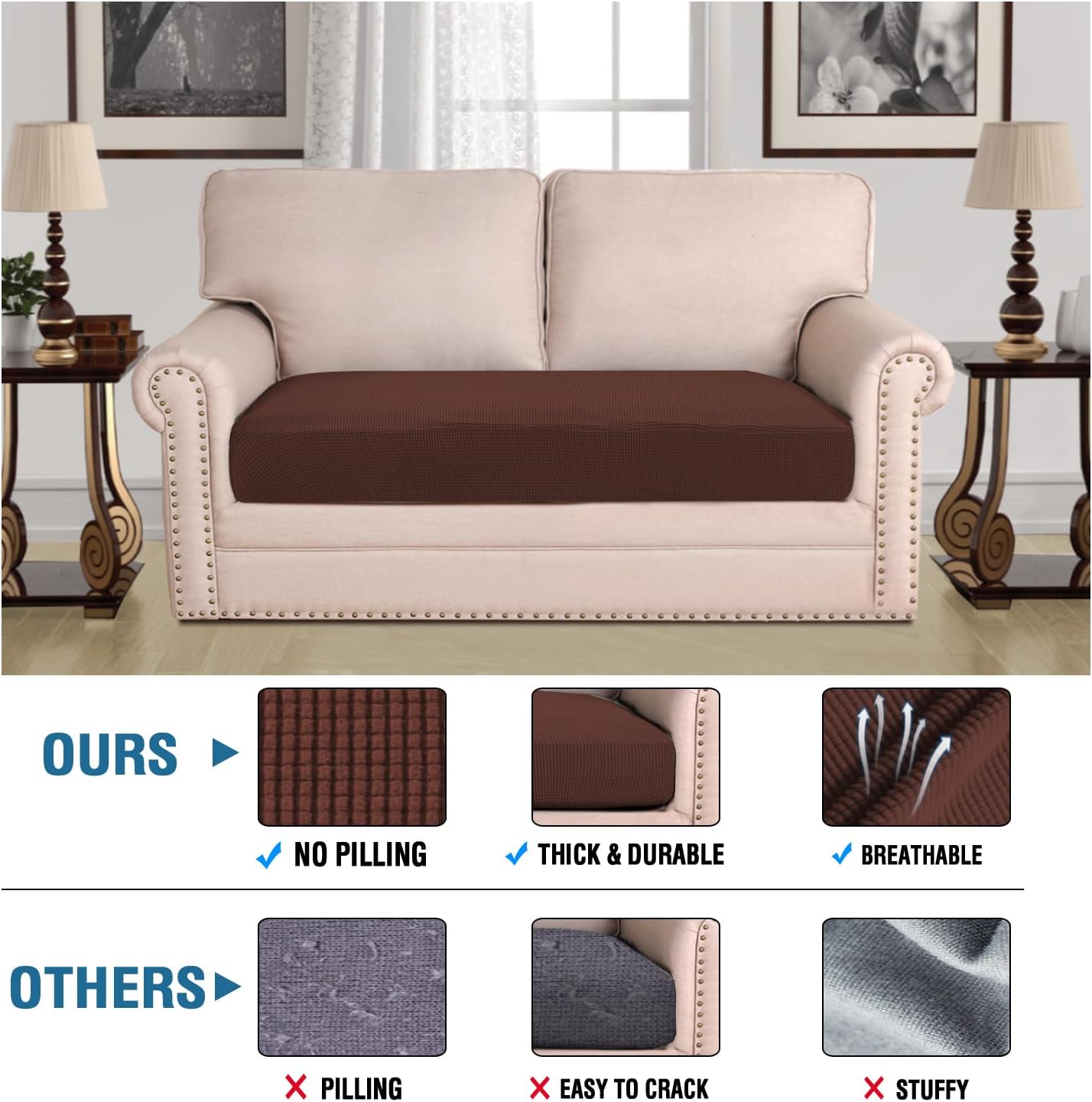 H.VERSAILTEX Super Stretch Individual Seat Cushion Covers Sofa Covers Couch Cushion Covers Slipcover Sets Thick Jacquard Textured Twill Fabric (1 Piece Loveseat Cushion Cover, Burnt Brick)