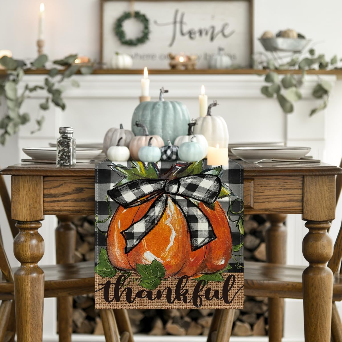 Artoid Mode Buffalo Plaid Bowknot Pumpkin Thankful Fall Table Runner, Autumn Thanksgiving Kitchen Dining Table Decoration for Home Party Decor 13x60 Inch