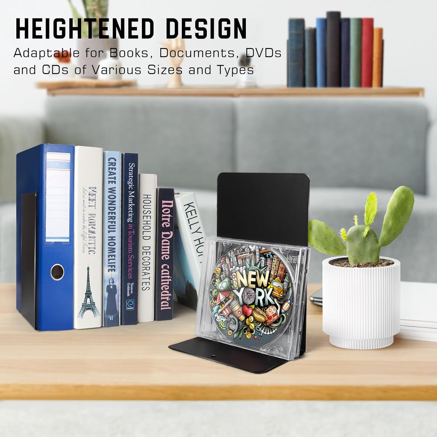 VONDERSO Metal Bookends Black, 2 Pairs Decorative Metal Book End Supports for Shelves Gauge Metal Book Divider Stopper Holders with Non-Slip Anti-Scratch Rubber Pads