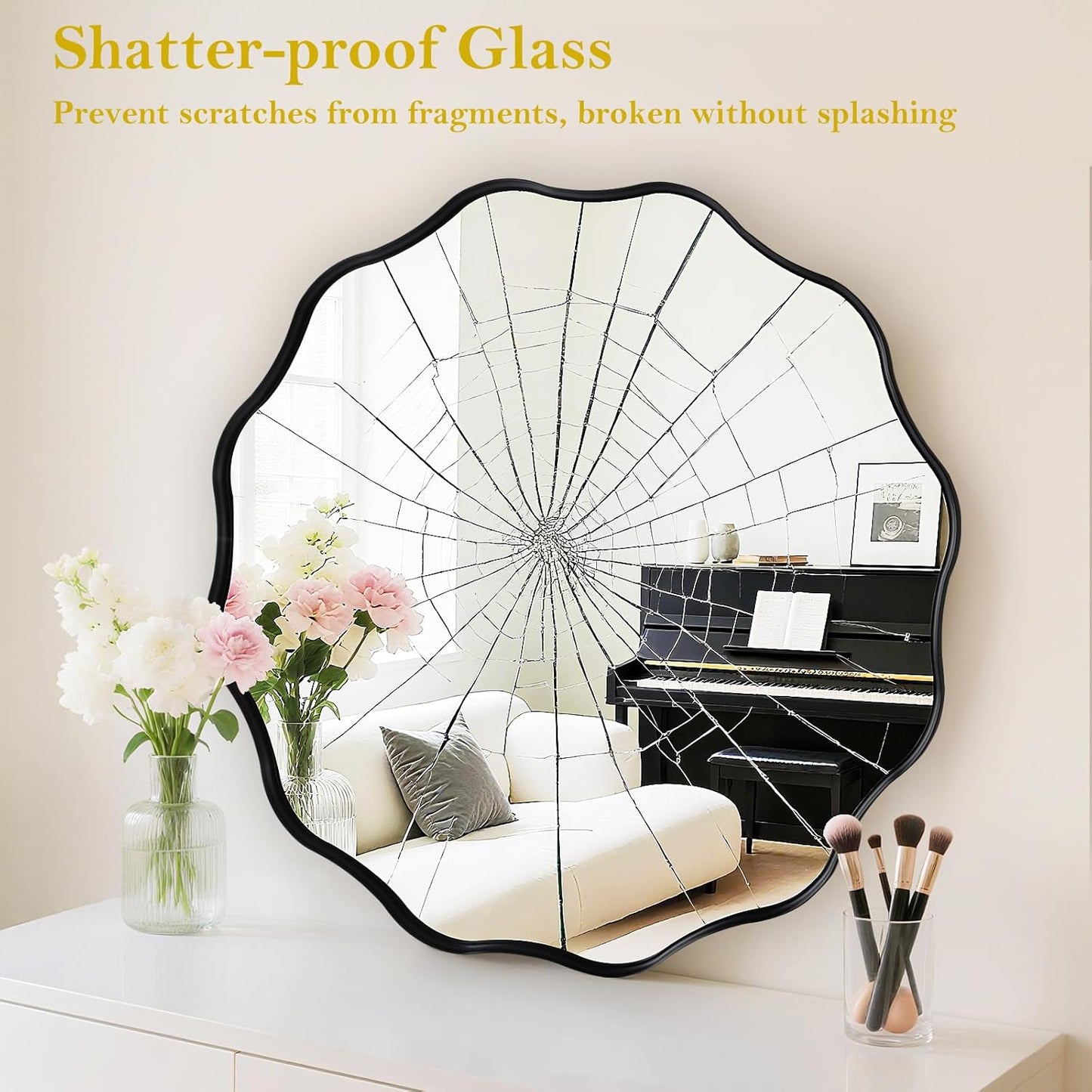 Fabuady Black Round Wavy Edge Mirror - 30'' Circle Wall Mirror with Metal Frame, Decorative Hanging/Leaning Mirror for Bathroom, Bedroom, Living Room, Hallway, Entryway, Office, Home Decor