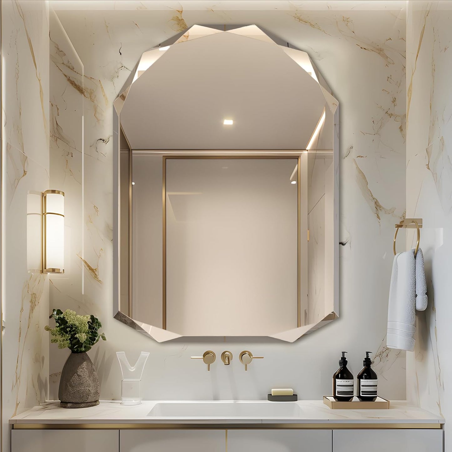 Bathroom Mirror for Wall, 30" x 40" Arched Mirror, Bathroom Vanity Mirrors, Beveled Edge Frameless Wall Mount Vanity Mirror, Wall Mirror Decorative, Irregular Beveled Edge Mirror