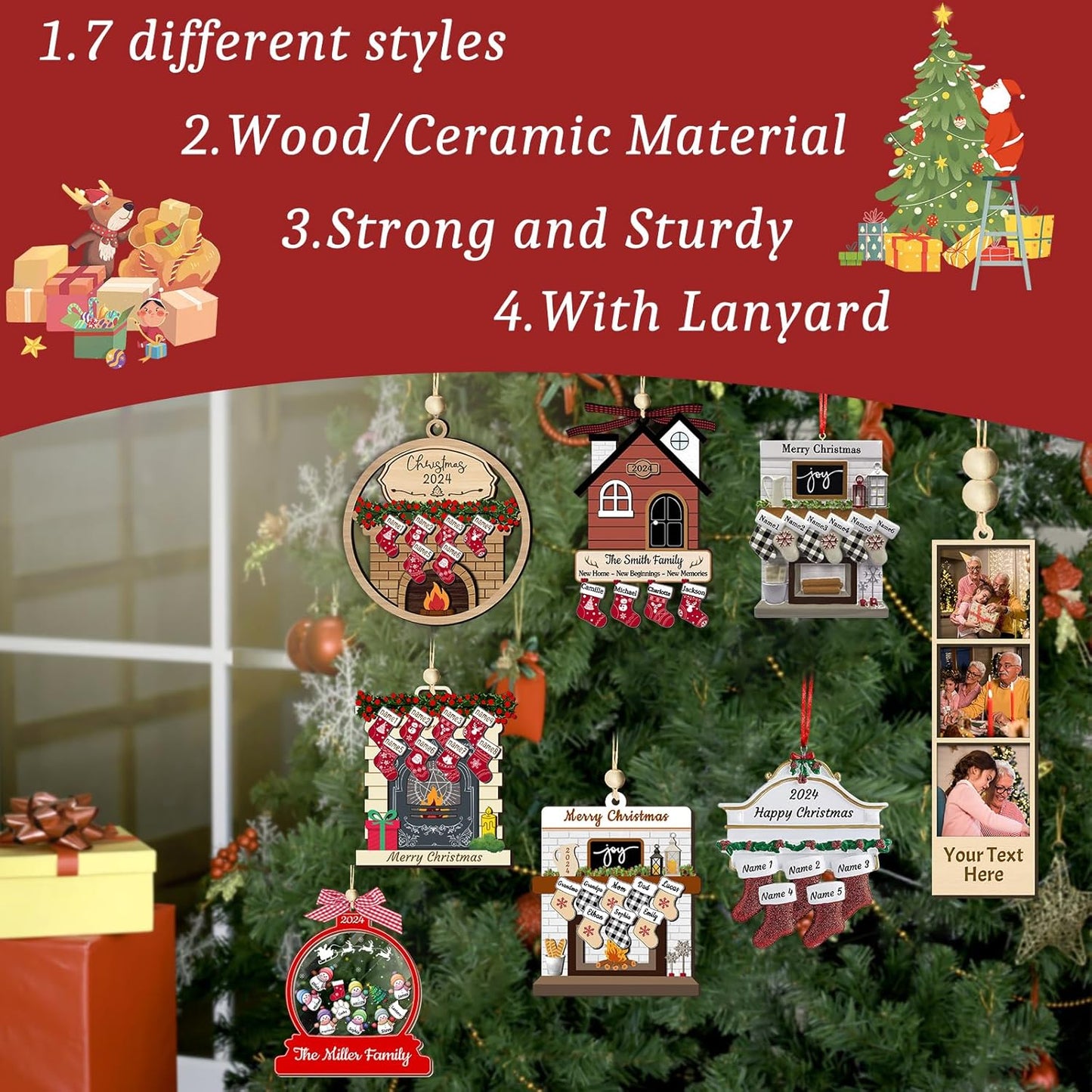 Personalized Christmas Ornaments with Names of 2/3/4/5/6/7/8 Custom Family Ornament Customized Xmas Tree Hanging Ceramic Decoration Gift Fireplace